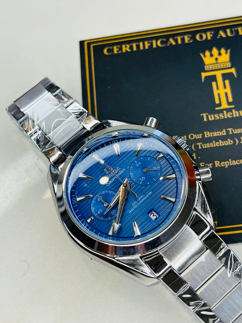 Sea Master Silver Blue Chronograph Watch Quartz