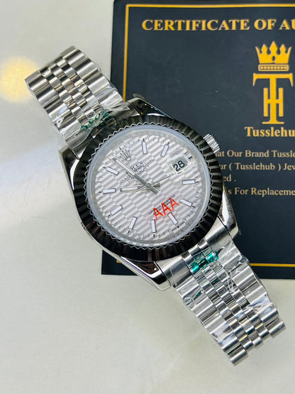 Jubilee Date Just Silver Fluted Bezel White Dial Quartz Watch