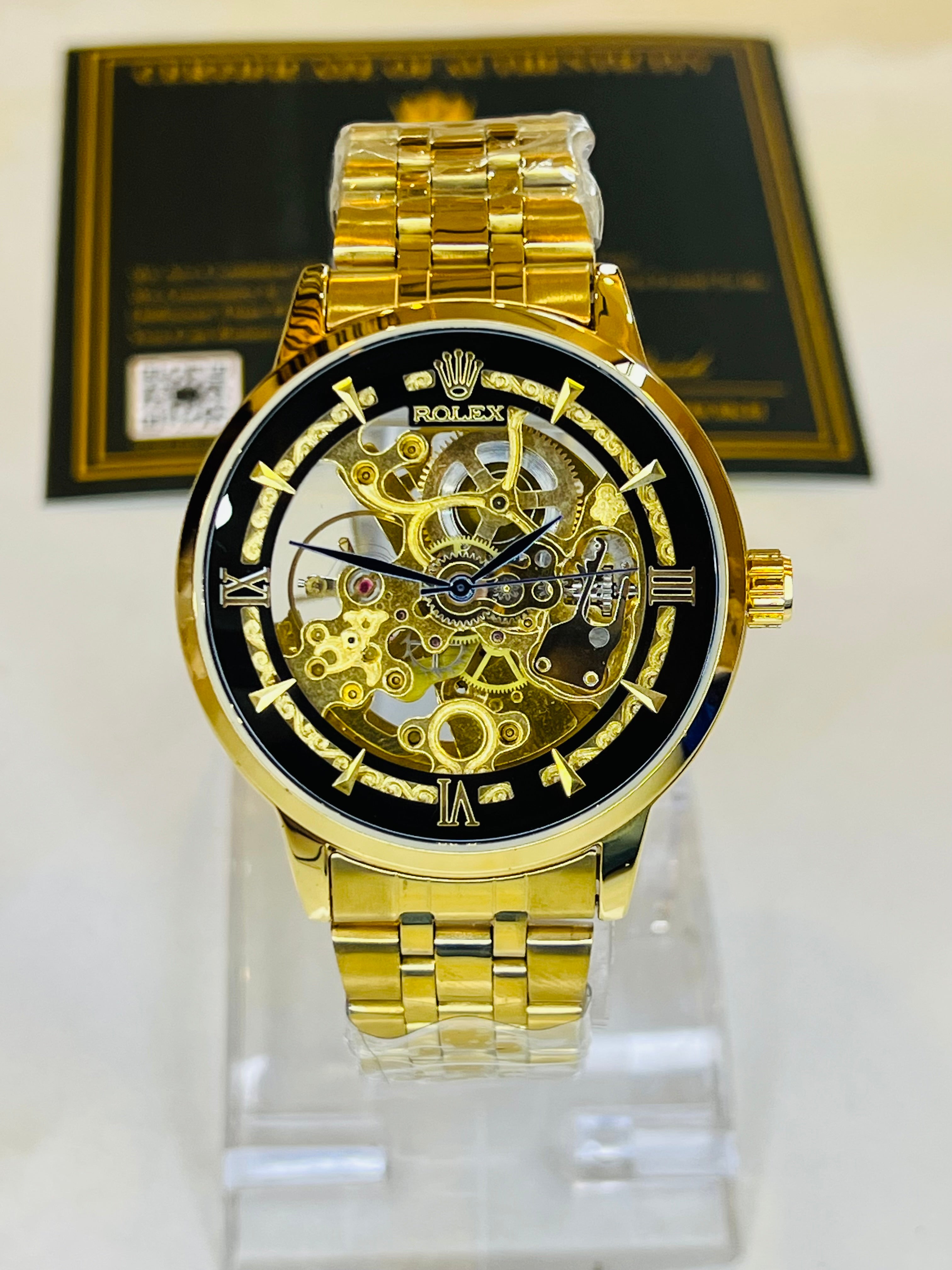 R-1 Gold Black Chain Strap Skeleton Automatic Watch