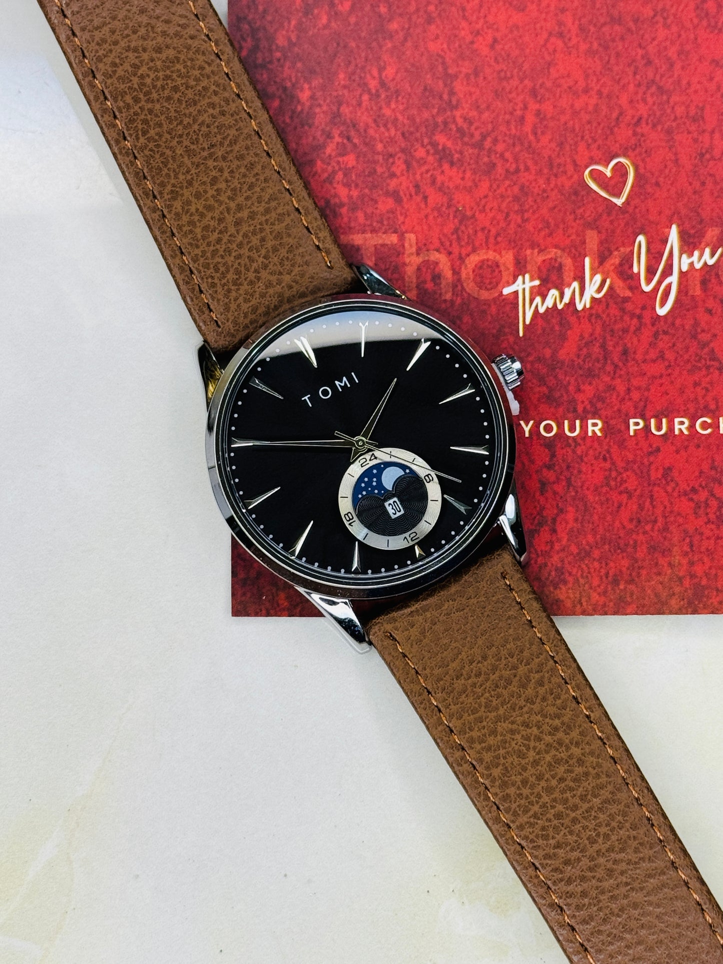 Tomi Brown Silver Leather Magnetic Strap Watch