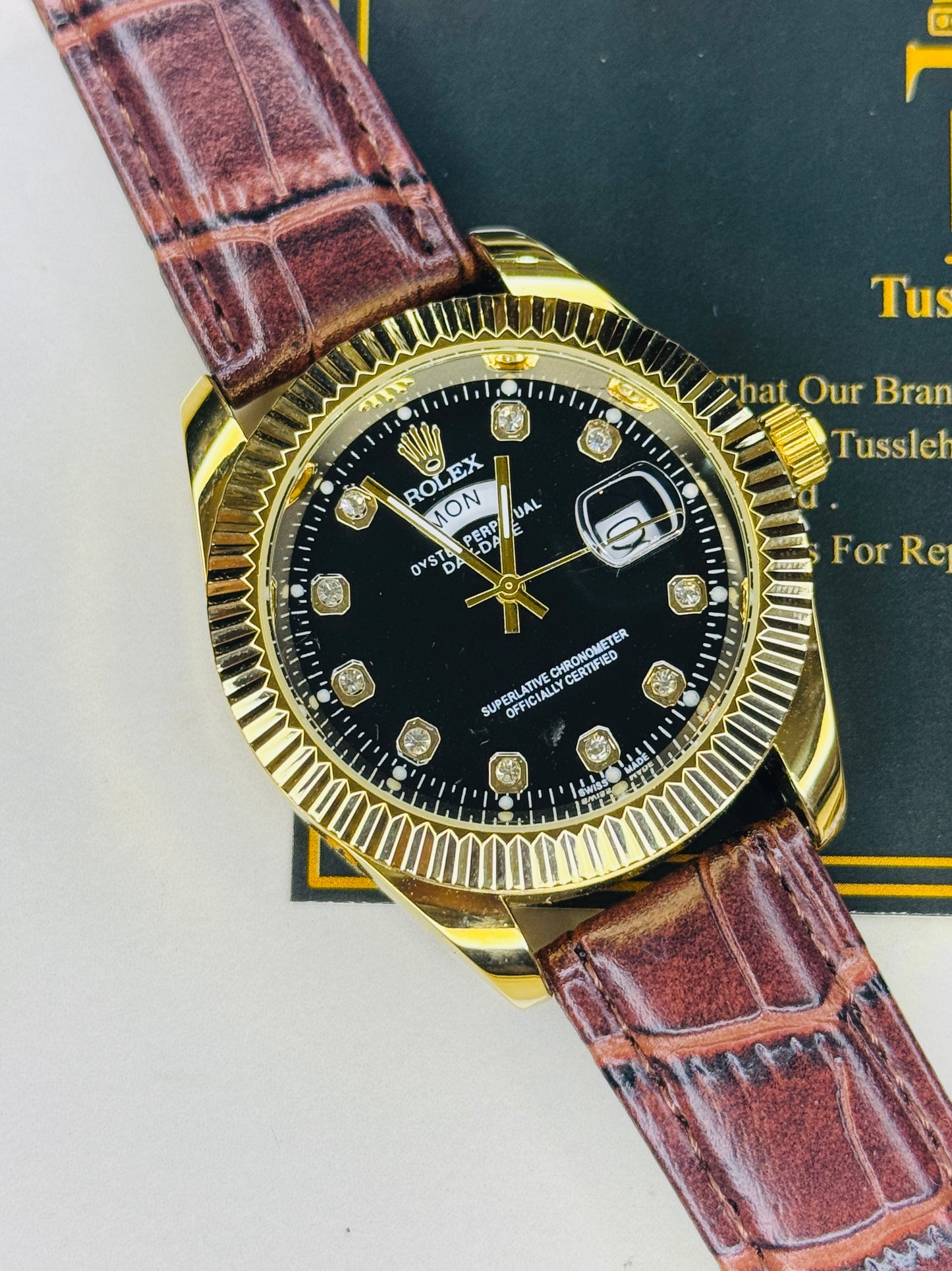 Brown Gold Black Day Date Leather Rolex Watch