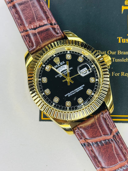 Brown Gold Black Day Date Leather Rolex Watch