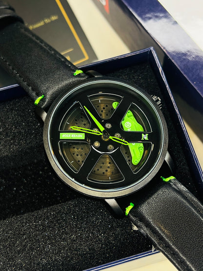 Black Neon Green Leather Strapped Spinner NS Watch