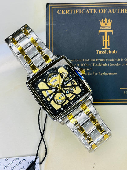 Success Way Two Tone Square Skeleton Dial Watch