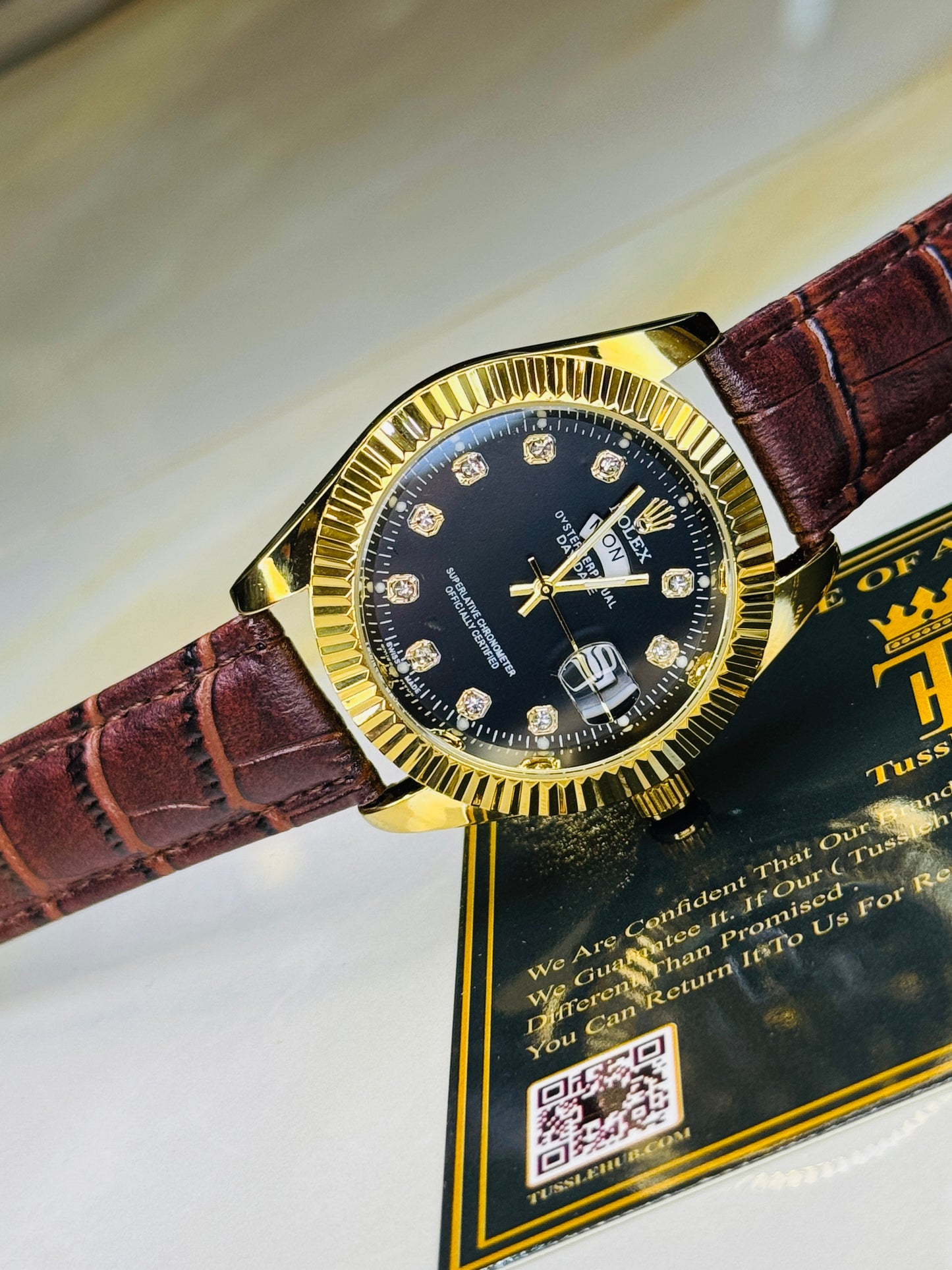 Brown Gold Black Day Date Leather Rolex Watch