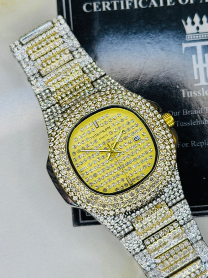 Two Tone Iced Out Nautilus Watch