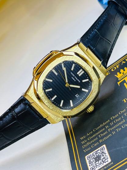 Black Leather Gold Black Dial Nautilus Watch