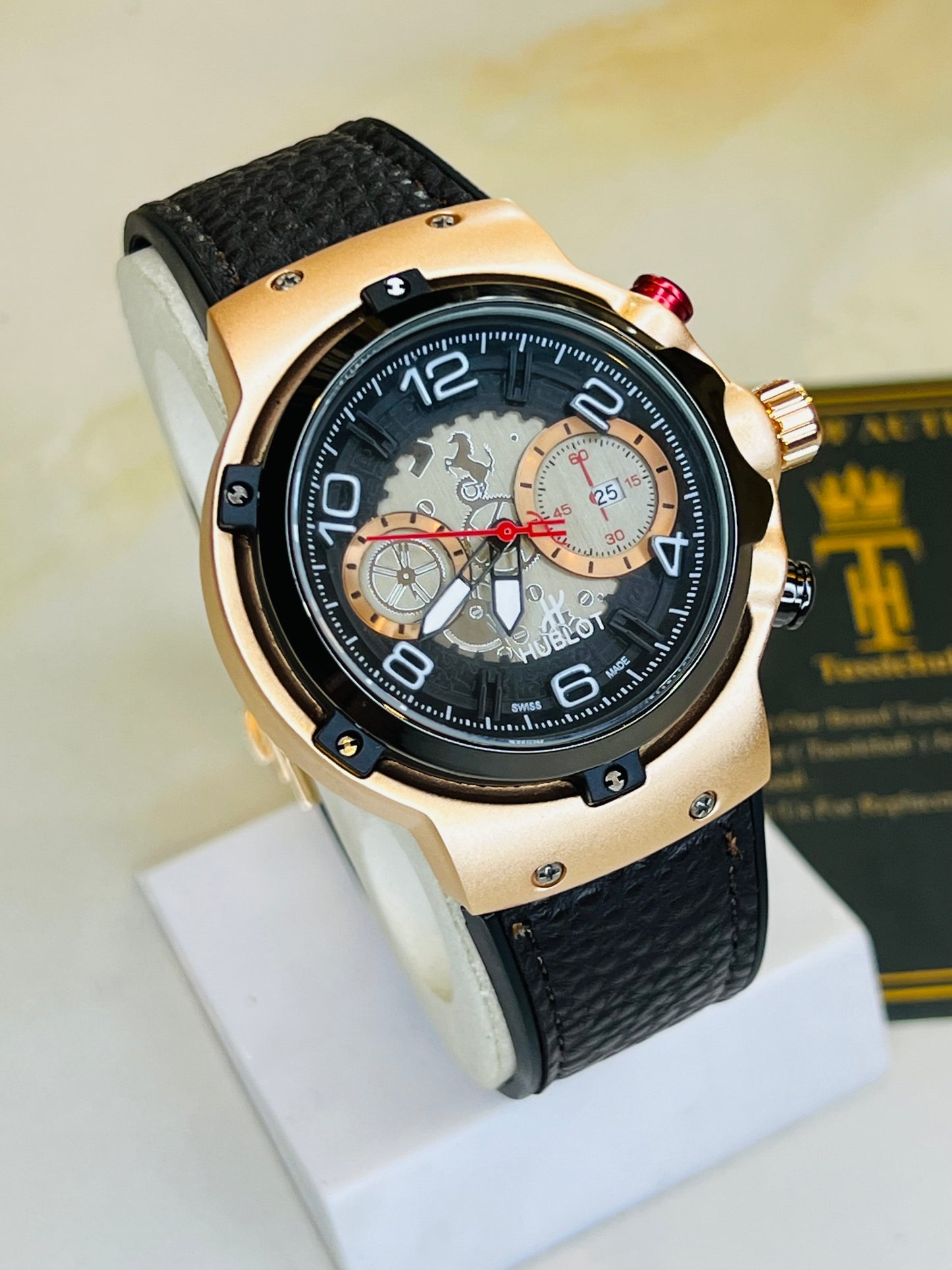 Leather Round Gold Black HB Watch