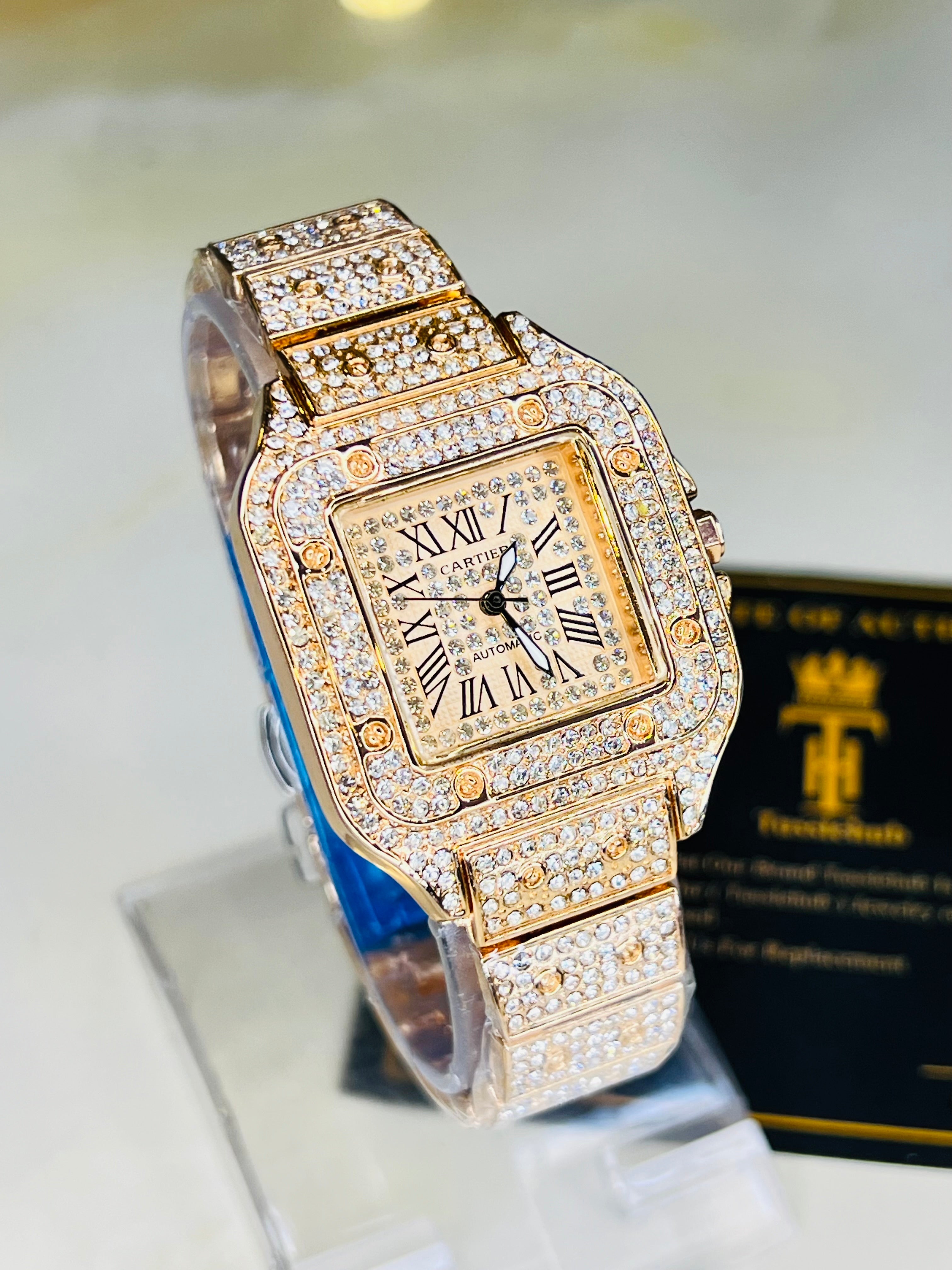 All Rose Gold Square Tank Iced Out Watch