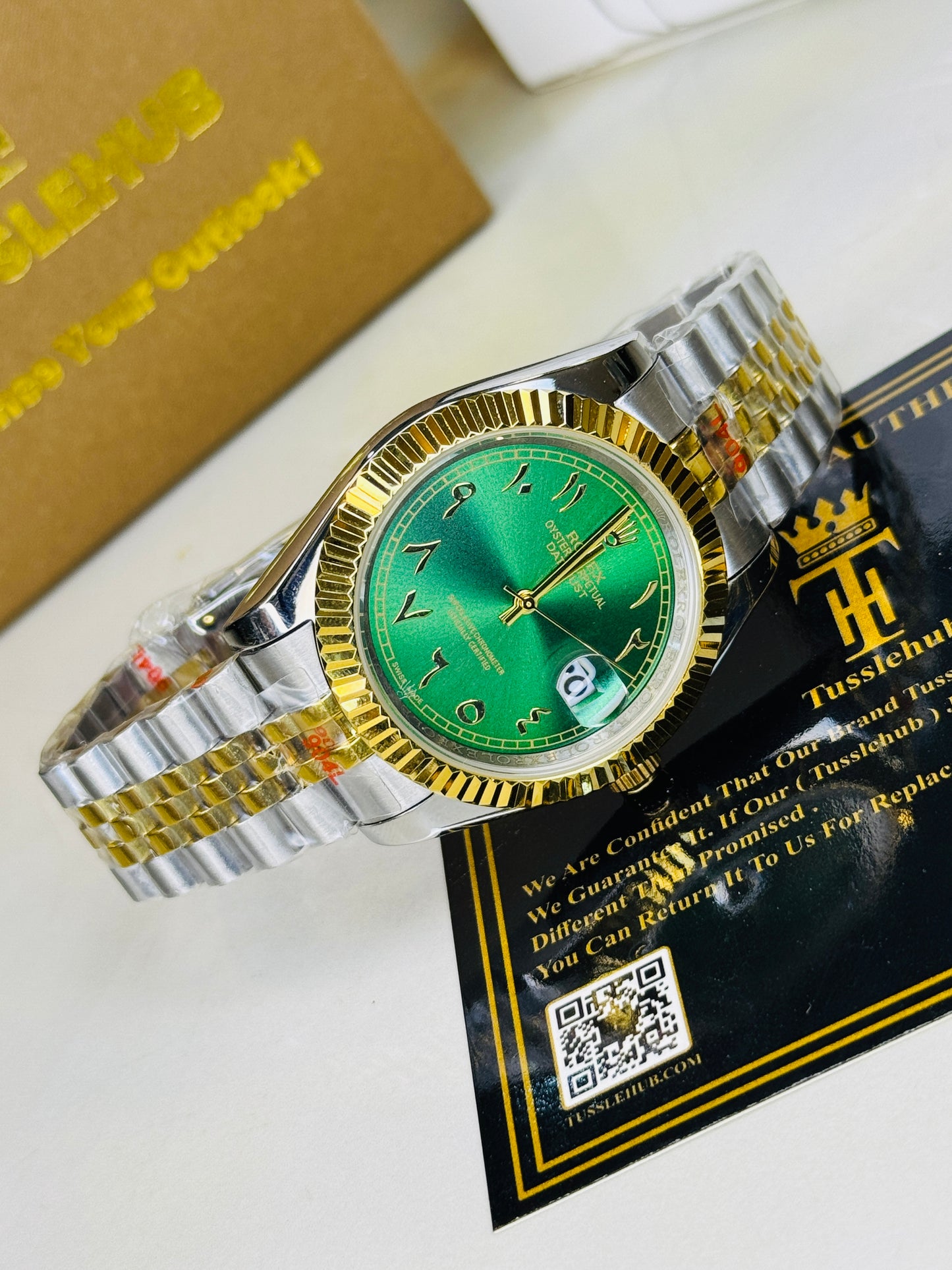 Jubilee Date Just Two Tone Arabic Fluted Green Dial Quartz Watch