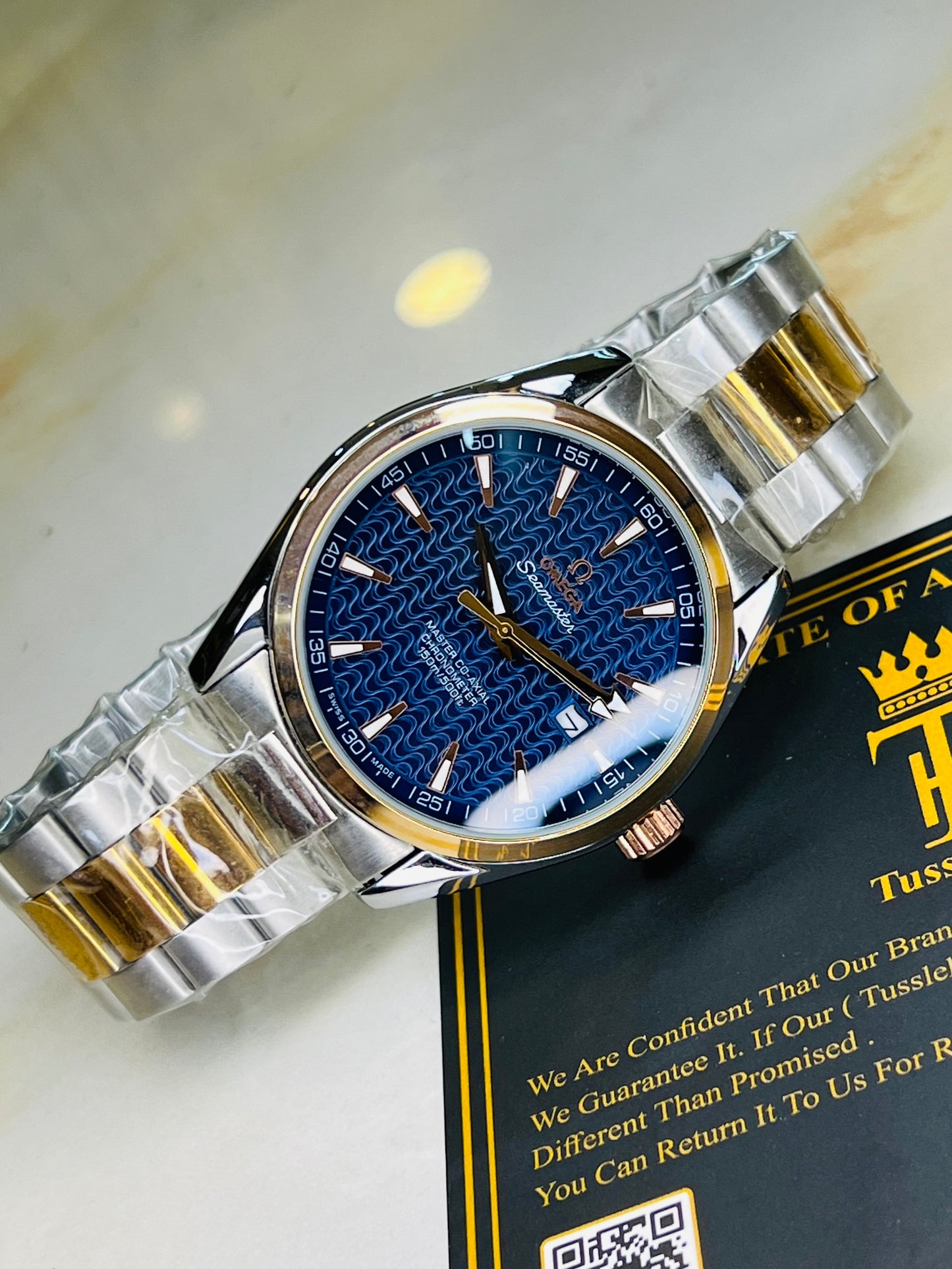 Automatic Sea Master Two Tone Blue Dial Watch