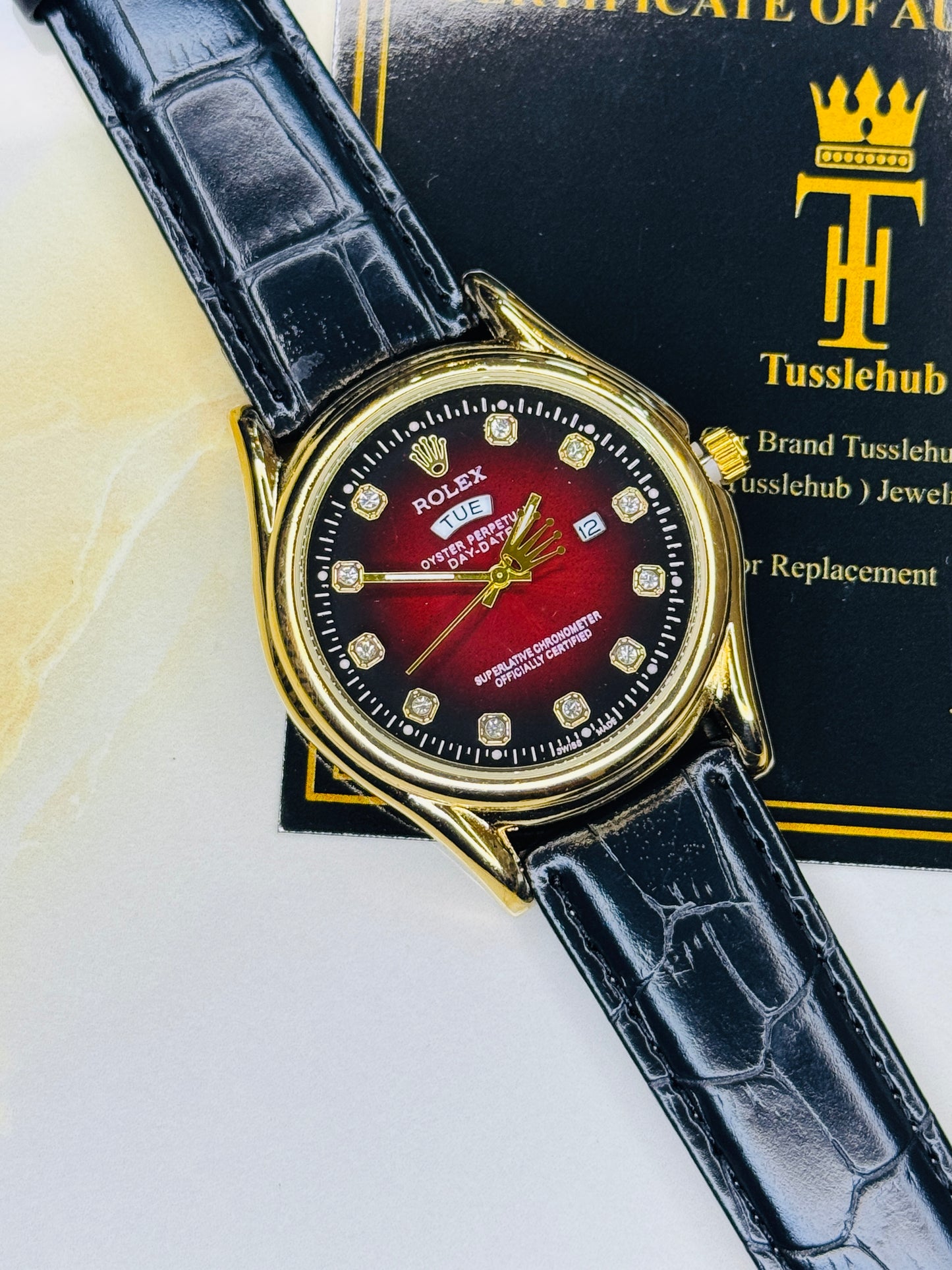 Black Gold Red Round Leather Rolex Watch