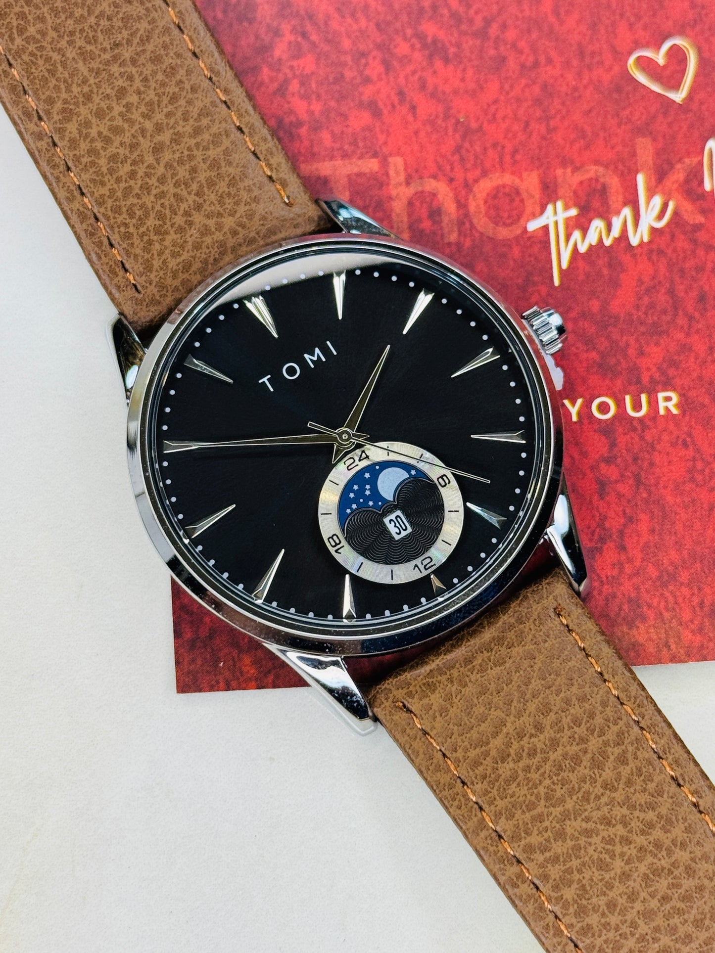 Tomi Brown Silver Leather Magnetic Strap Watch