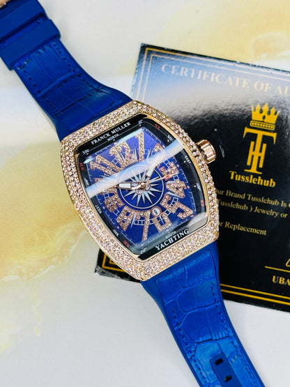 Blue Rose Gold Iced Frank Muller Watch