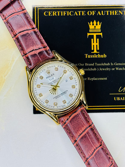 Brown Gold White Round Leather Rolex Watch