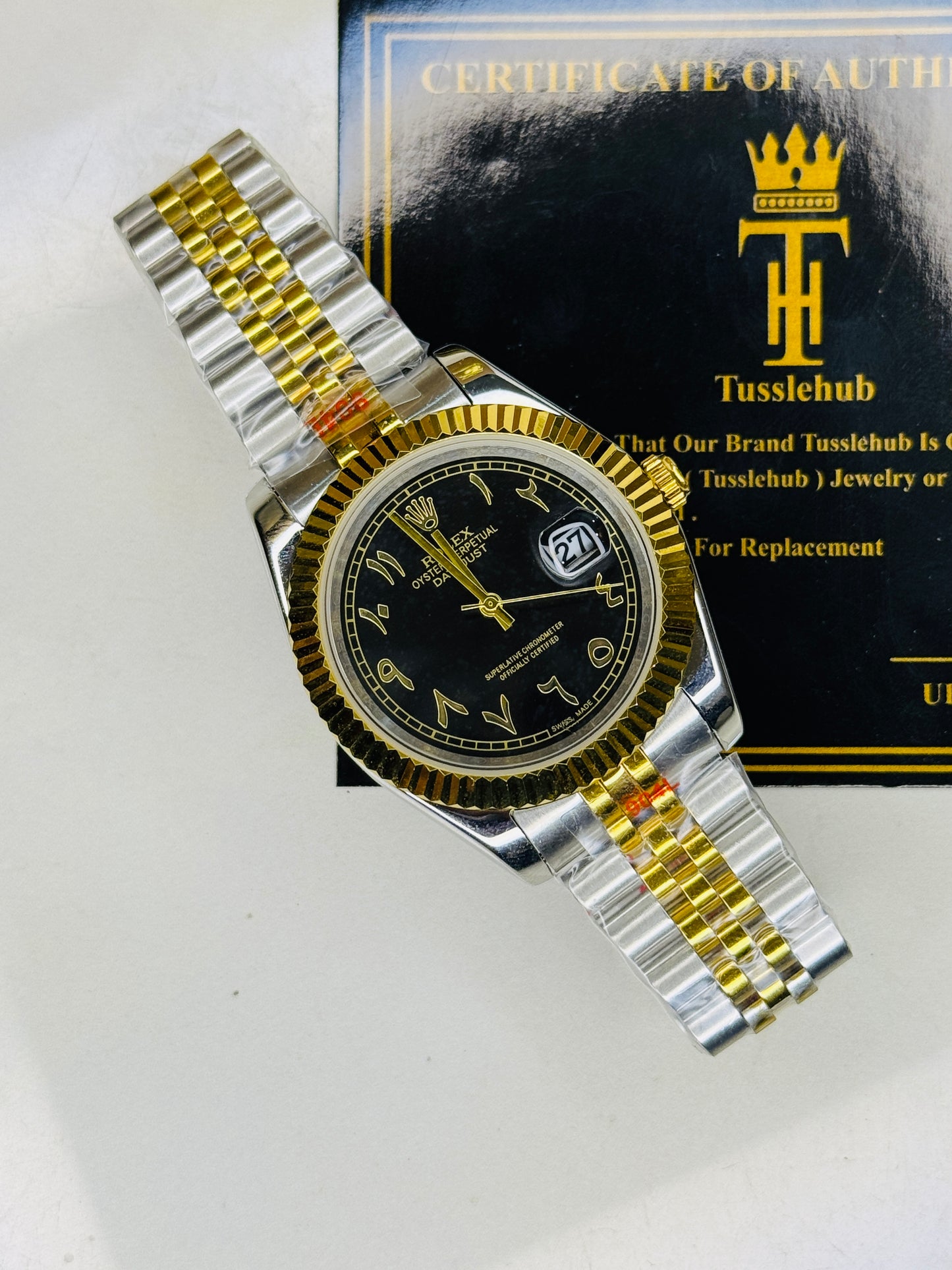 Jubilee Date Just Two Tone Arabic Fluted Black Dial Quartz Watch