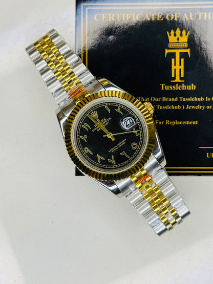 Jubilee Date Just Two Tone Arabic Fluted Black Dial Quartz Watch