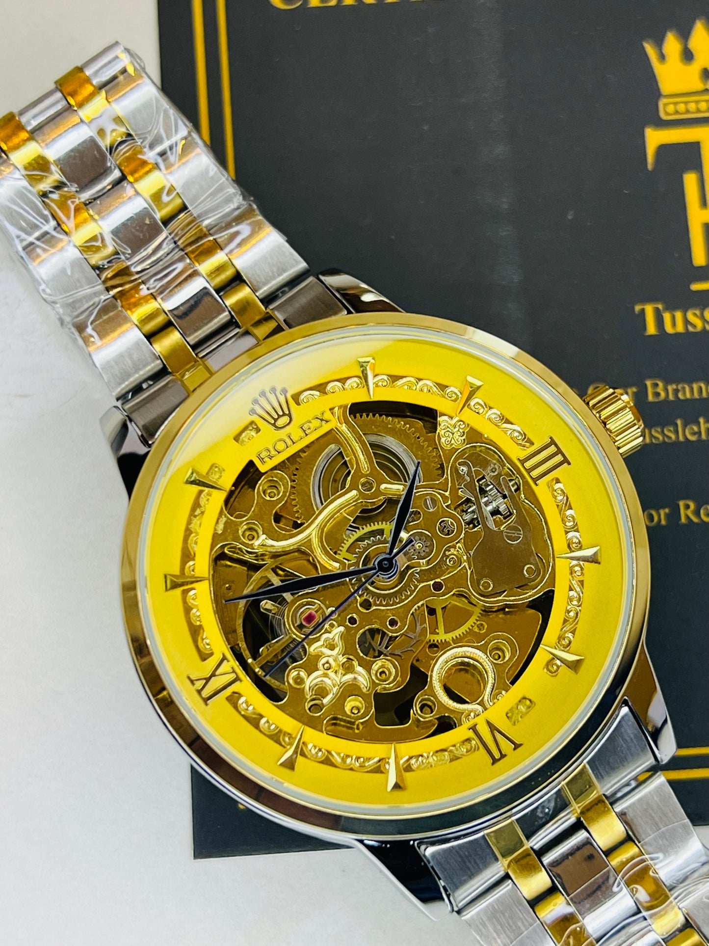 R-1 Two Tone Gold Chain Strap Skeleton Automatic Watch