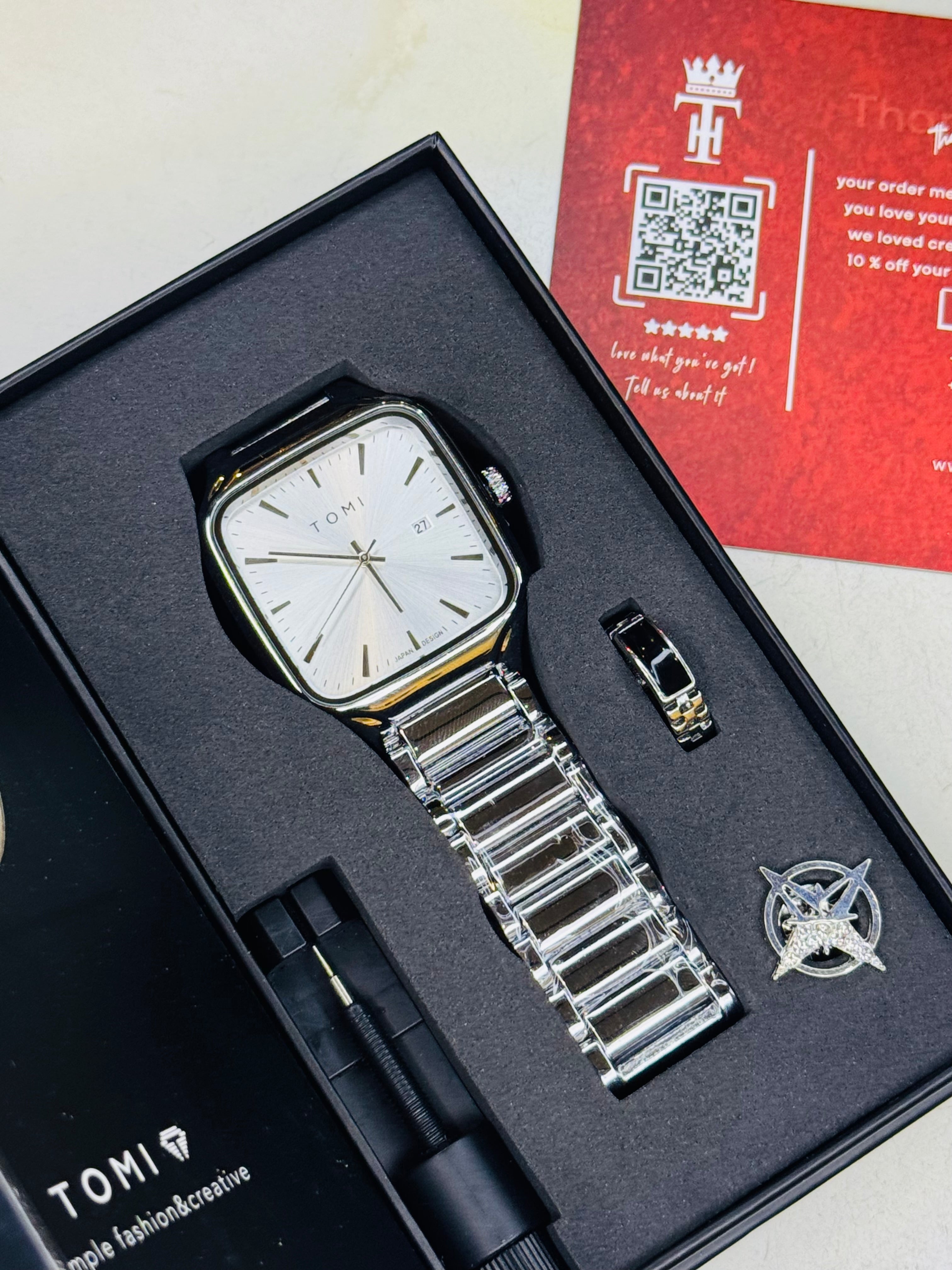 Tomi S3 Square Silver White Gift Set Watch