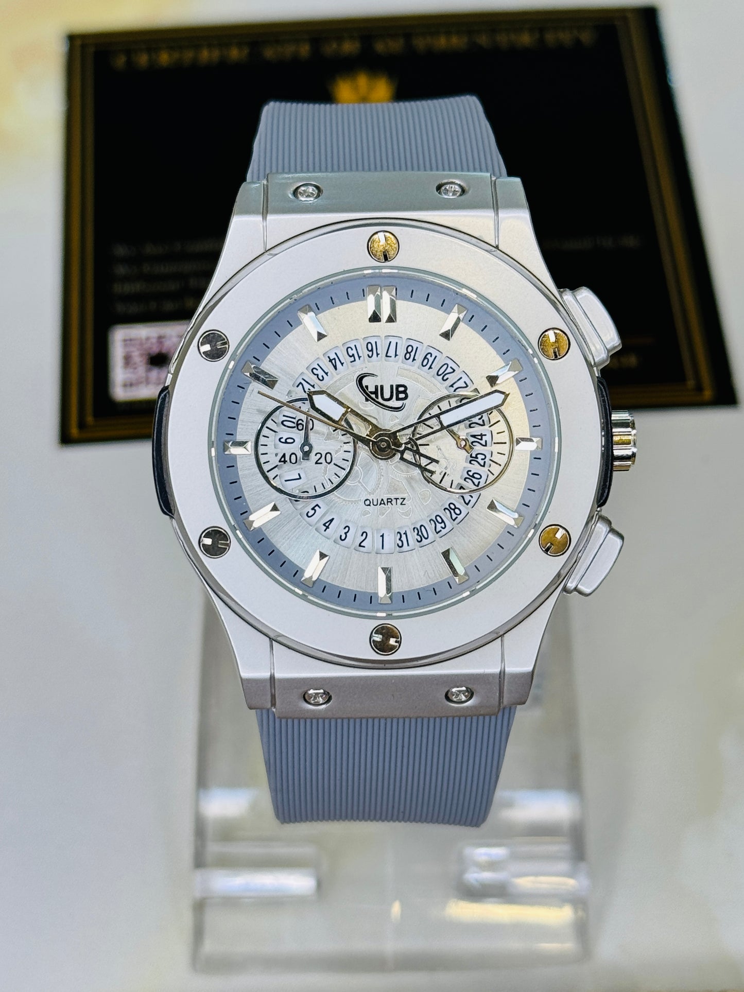 Minimal Ash Grey Hologram Leather Branded Watch