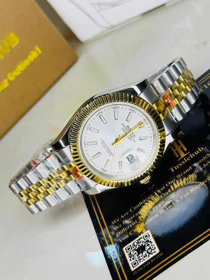 Jubilee Date Just Two Tone Vertical Fluted White Dial Quartz Watch