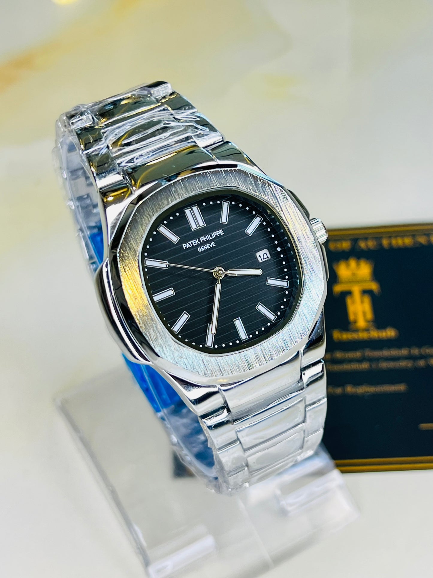 Silver Nautilus Black Dial Watch