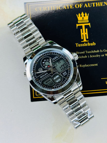 Premium Dual Time Silver Black Dial Watch