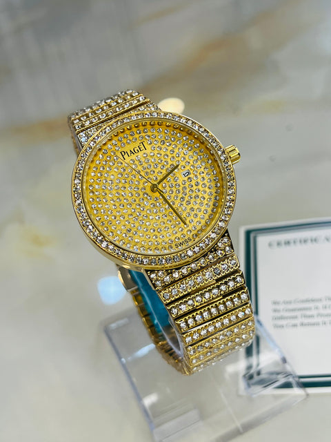Gold Round Iced Out Piaget Watch