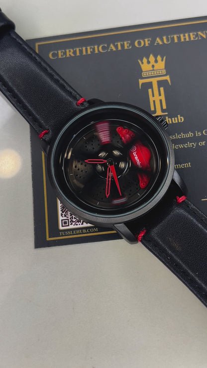 Black Red Leather Strapped Spinner NS Watch