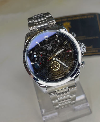 Silver Black Grand Carrera Chain Strap Chronographs  Watch