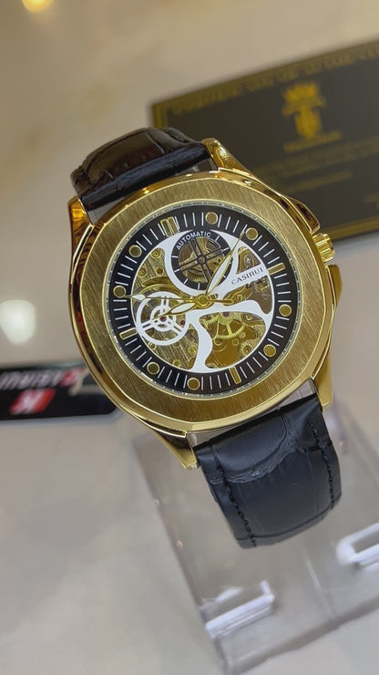 Casirui Black Gold Automatic Skeleton Leather watch