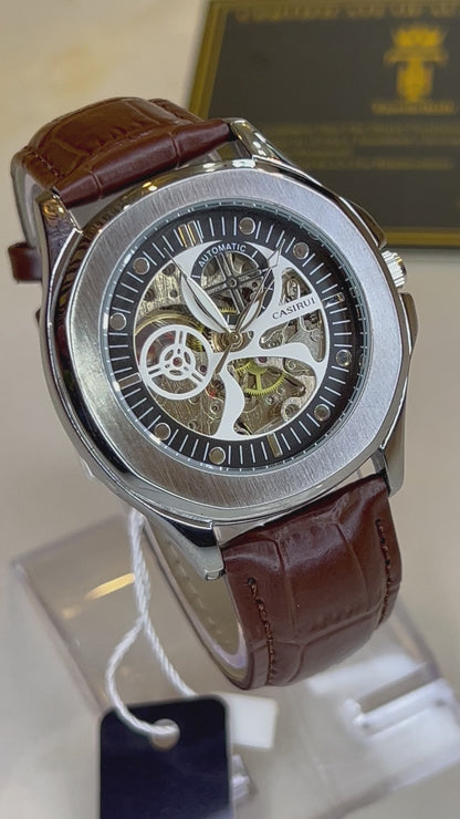 Casirui Brown Silver Automatic Skeleton Leather watch