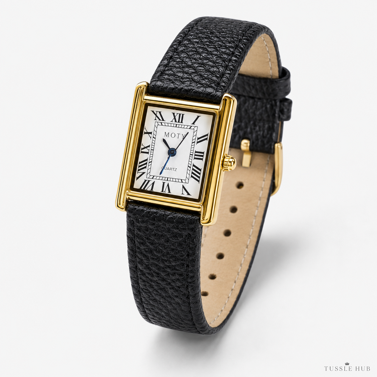 Black Gold Leather Tank Watch For Her