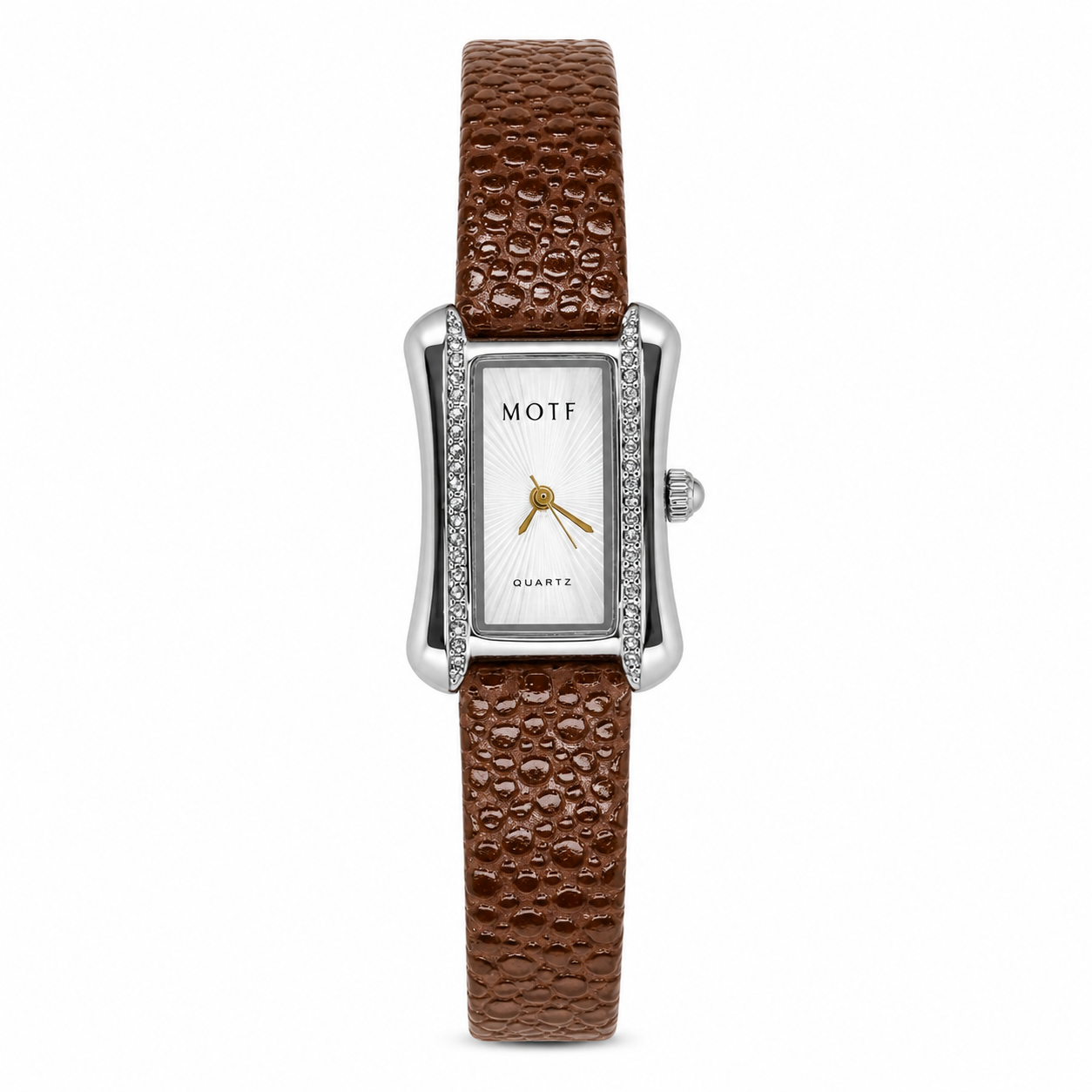 Brown Leather Zircon Square Watch For Her
